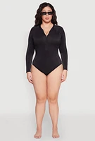 Womens Plus Size Zip Front Rash Guard One Piece Swimsuit, Black, Size 2X