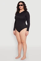 Womens Plus Size Zip Front Rash Guard One Piece Swimsuit, Black, Size 1X