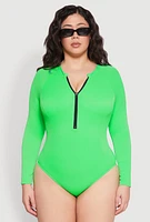 Womens Plus Size Zip Front Rash Guard One Piece Swimsuit, Green, Size 1X