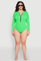 Womens Plus Zip Front Rash Guard One Piece Swimsuit,