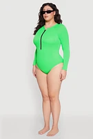 Womens Plus Size Zip Front Rash Guard One Piece Swimsuit, Green, Size 1X