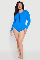 Womens Plus Zip Front Rash Guard One Piece Swimsuit,