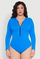 Womens Plus Size Zip Front Rash Guard One Piece Swimsuit, Blue, Size 1X