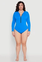 Womens Plus Size Zip Front Rash Guard One Piece Swimsuit, Blue, Size 1X