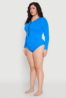 Womens Plus Size Zip Front Rash Guard One Piece Swimsuit, Blue, Size 1X