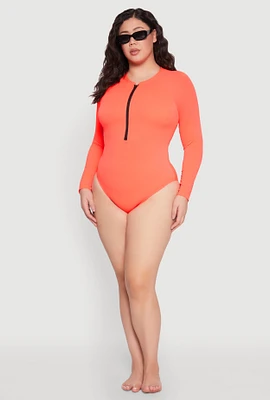 Womens Plus Size Zip Front Rash Guard One Piece Swimsuit, Orange, Size 2X