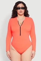 Womens Plus Zip Front Rash Guard One Piece Swimsuit, Orange,