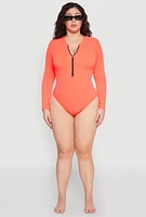 Womens Plus Zip Front Rash Guard One Piece Swimsuit, Orange,