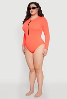 Womens Plus Zip Front Rash Guard One Piece Swimsuit, Orange,