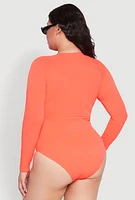 Womens Plus Zip Front Rash Guard One Piece Swimsuit, Orange,