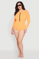 Womens Plus Zip Front Rash Guard One Piece Swimsuit, Orange,