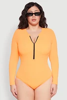 Womens Plus Zip Front Rash Guard One Piece Swimsuit, Orange,