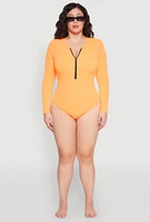Womens Plus Zip Front Rash Guard One Piece Swimsuit, Orange,
