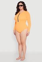 Womens Plus Zip Front Rash Guard One Piece Swimsuit, Orange,