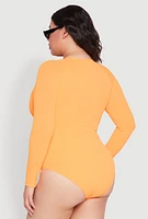 Womens Plus Zip Front Rash Guard One Piece Swimsuit, Orange,