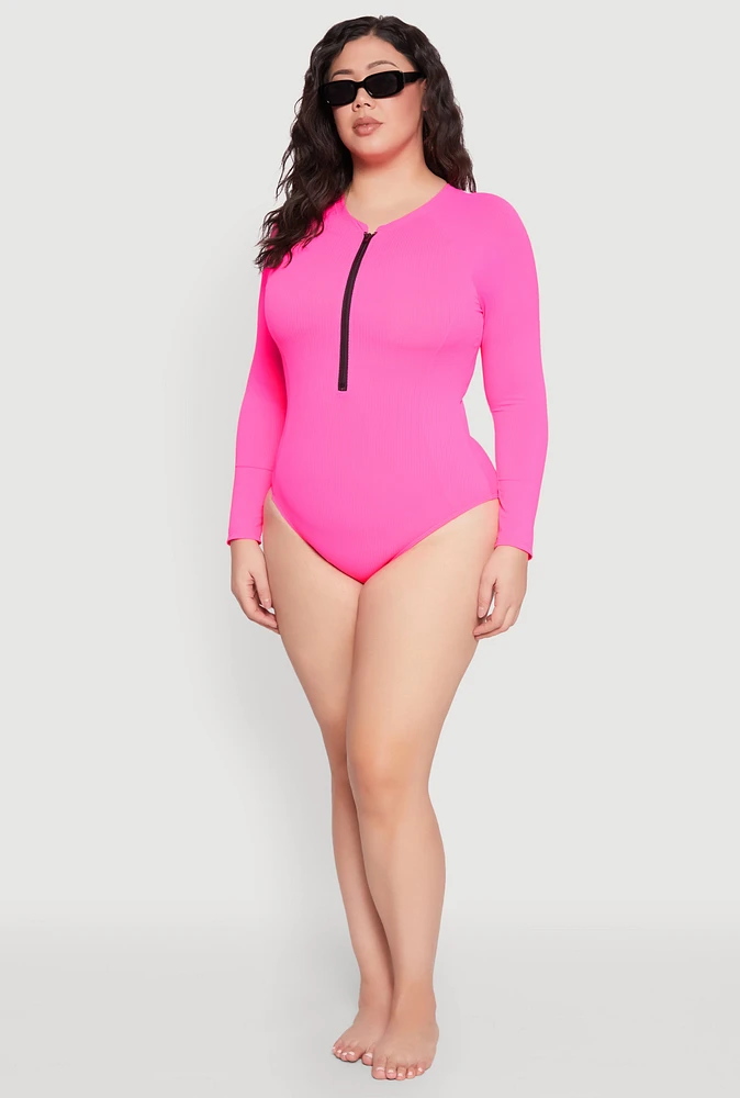 Womens Plus Size Rash Guard One Piece Swimsuit, Pink, Size 2X