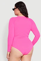 Womens Plus Size Rash Guard One Piece Swimsuit, Pink, Size 2X