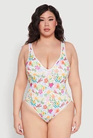 Womens Plus Turtle Tropical Floral Print One Piece Swimsuit, Multi,