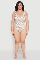 Womens Plus Turtle Tropical Floral Print One Piece Swimsuit, Multi,