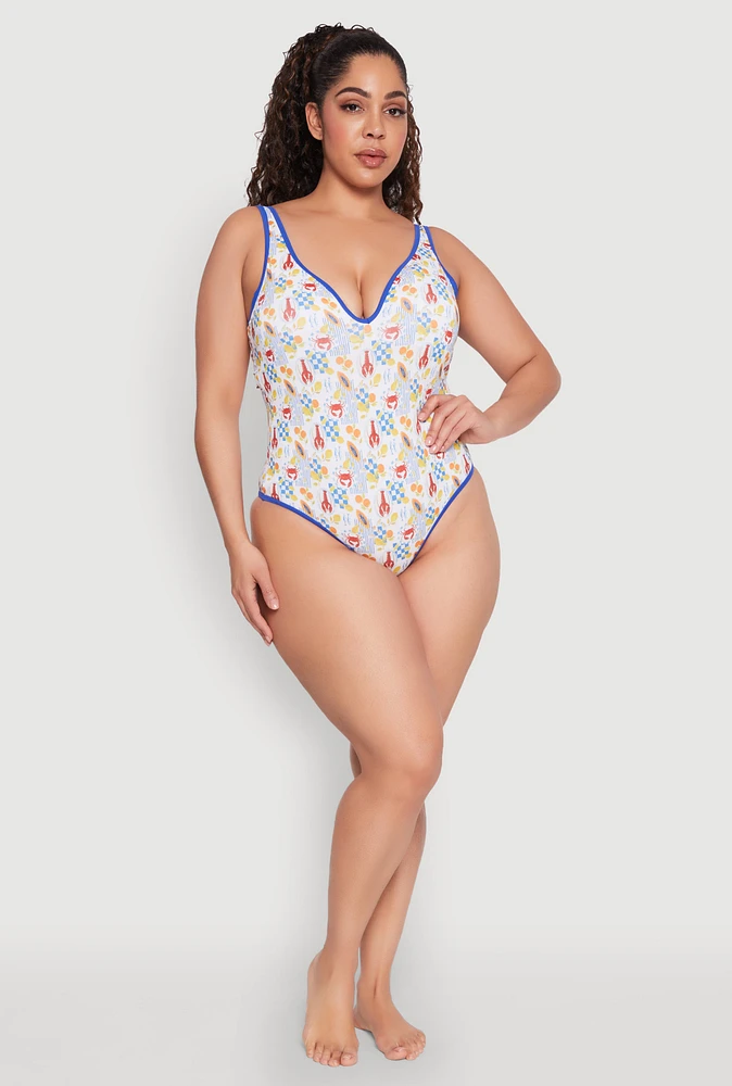 Womens Plus Size Tropical Crab Papaya Print One Piece Swimsuit, Multi, Size 2X