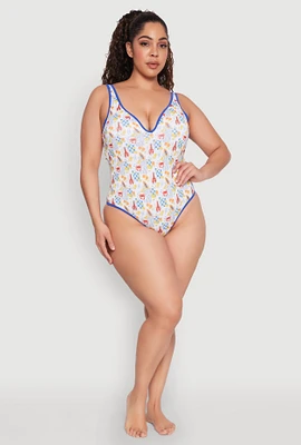 Womens Plus Size Tropical Crab Papaya Print One Piece Swimsuit, Multi, Size 2X