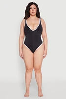 Womens Plus Size Contrast Trim Detail One Piece Swimsuit, Black, Size 3X