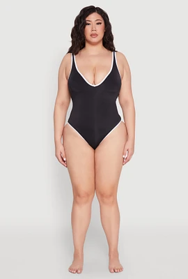 Womens Plus Size Contrast Trim Detail One Piece Swimsuit, Black, Size 1X