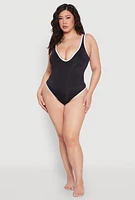 Womens Plus Contrast Trim Detail One Piece Swimsuit, Black,