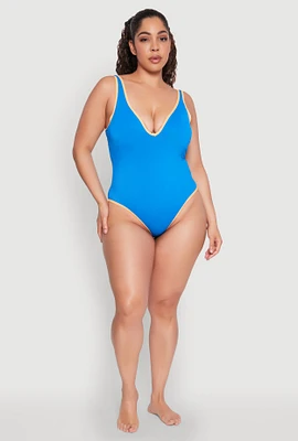 Womens Plus Size Contrast Trim High Cut One Piece Swimsuit, Blue, Size 3X
