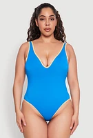 Womens Plus Contrast Trim High Cut One Piece Swimsuit, Blue,