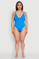 Womens Plus Size Contrast Trim High Cut One Piece Swimsuit, Blue, Size 3X