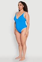 Womens Plus Size Contrast Trim High Cut One Piece Swimsuit, Blue, Size 3X