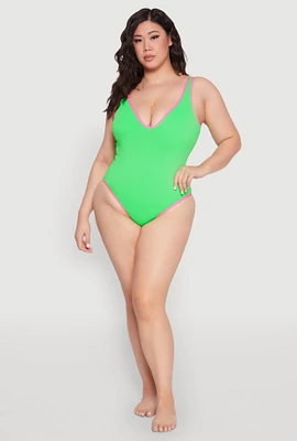 Womens Plus Size Contrast Trim Plunge Neck One Piece Swimsuit, Green, Size 2X