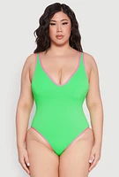 Womens Plus Size Contrast Trim Plunge Neck One Piece Swimsuit, Green, Size 2X