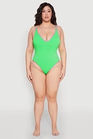 Womens Plus Size Contrast Trim Plunge Neck One Piece Swimsuit, Green, Size 2X