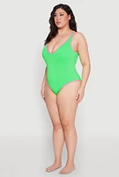 Womens Plus Size Contrast Trim Plunge Neck One Piece Swimsuit, Green, Size 2X