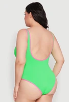 Womens Plus Size Contrast Trim Plunge Neck One Piece Swimsuit, Green, Size 2X