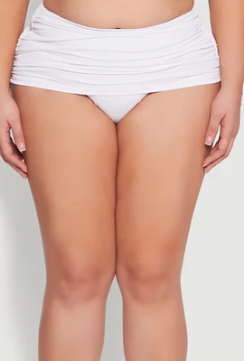Womens Plus Side Drawstring Swim Skirt, White,