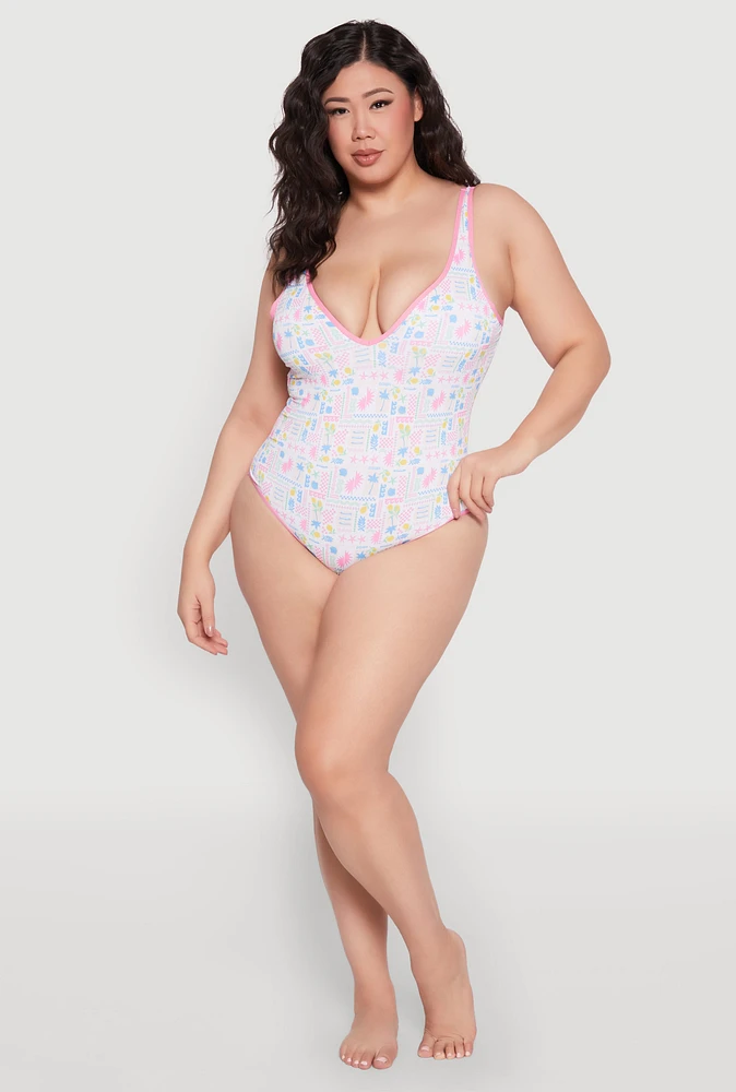 Womens Plus Size Tropical Geometric Patterned One Piece Swimsuit, Multi, Size 1X