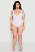 Womens Plus Size Tropical Geometric Patterned One Piece Swimsuit, Multi, Size 1X