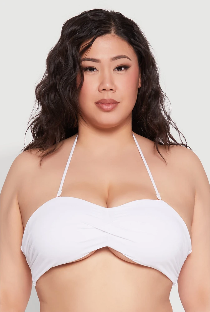Womens Twist Front Halter Neck Bandeau Bikini Top, White, Size 2X
