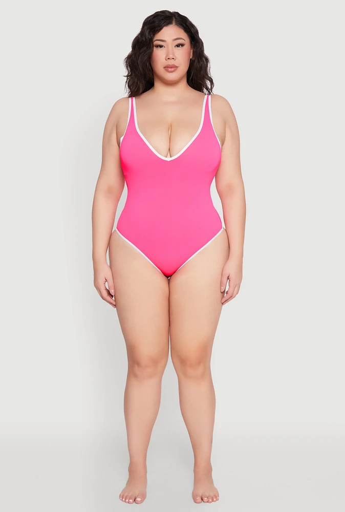 Womens Plus Size Contrast Trim One Piece Swimsuit, Pink, Size 2X