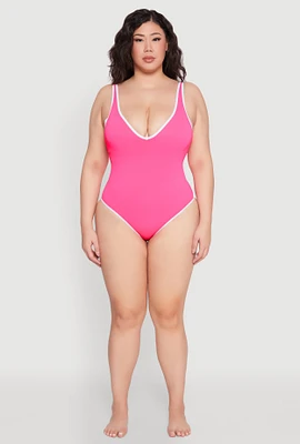 Womens Plus Size Contrast Trim One Piece Swimsuit, Pink, Size 2X