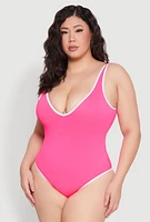 Womens Plus Size Contrast Trim One Piece Swimsuit, Pink, Size 2X