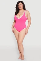Womens Plus Size Contrast Trim One Piece Swimsuit, Pink, Size 2X