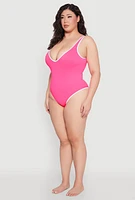 Womens Plus Size Contrast Trim One Piece Swimsuit, Pink, Size 2X