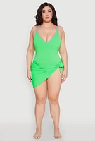Womens Plus Size Side Tie Solid Sarong Cover Up, Green, Size 2X