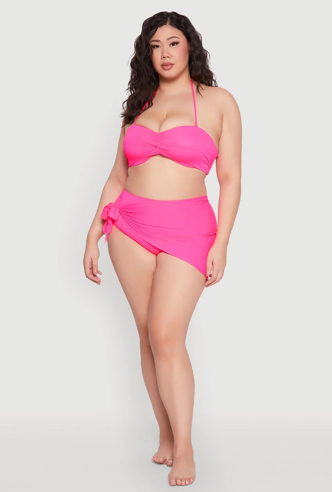 Womens Plus Size Side Tie Lettuce Trim Sarong Cover Up, Pink, Size 3X