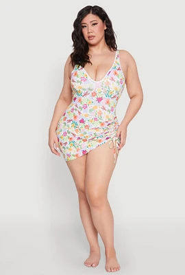 Womens Plus Size Turtle Tropical Floral Print Sarong Cover Up, Multi, Size 3X