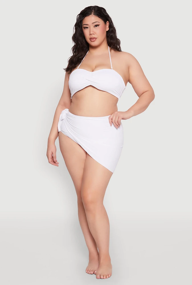 Womens Plus Size Lettuce Edge Side Tie Sarong Cover Up, White, Size 1X